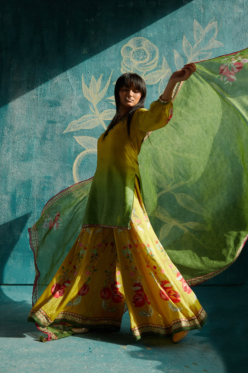 Yellow printed sharara set with embroidery detailing effortless easyflowing sharara and printed organza dupatta