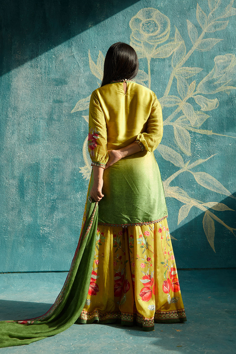 Yellow printed sharara set with embroidery detailing effortless easyflowing sharara and printed organza dupatta