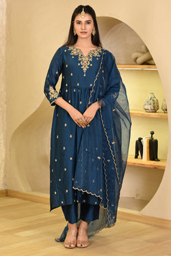 Teal Blue Hand Embroidered Kurta with Pant & Dupatta Set