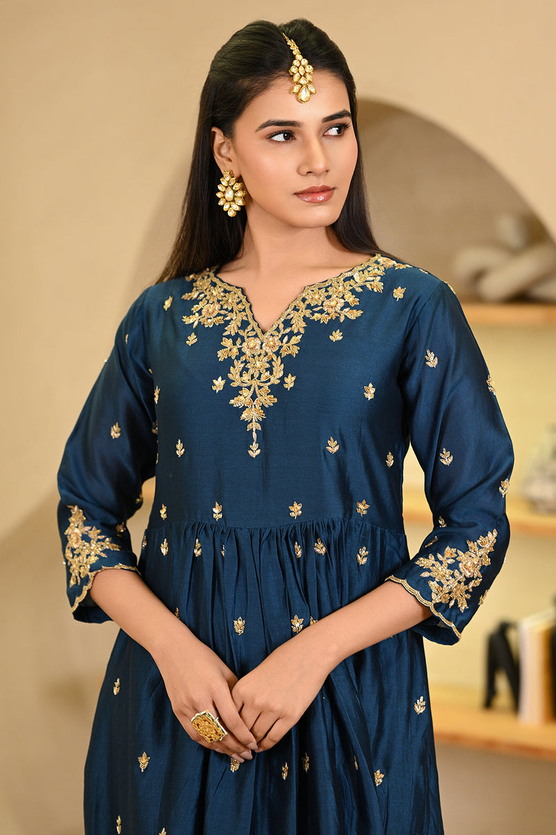 Teal Blue Hand Embroidered Kurta with Pant & Dupatta Set
