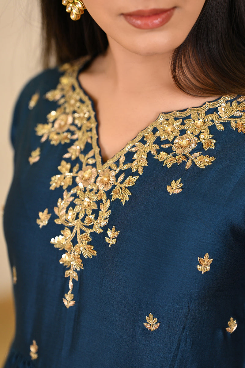 Teal Blue Hand Embroidered Kurta with Pant & Dupatta Set