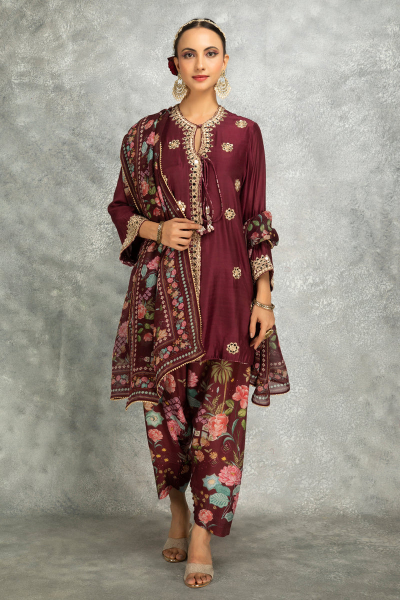 Wine Mirror Embroidered Angrakha With Printed Pants & Dupatta Set Of 3