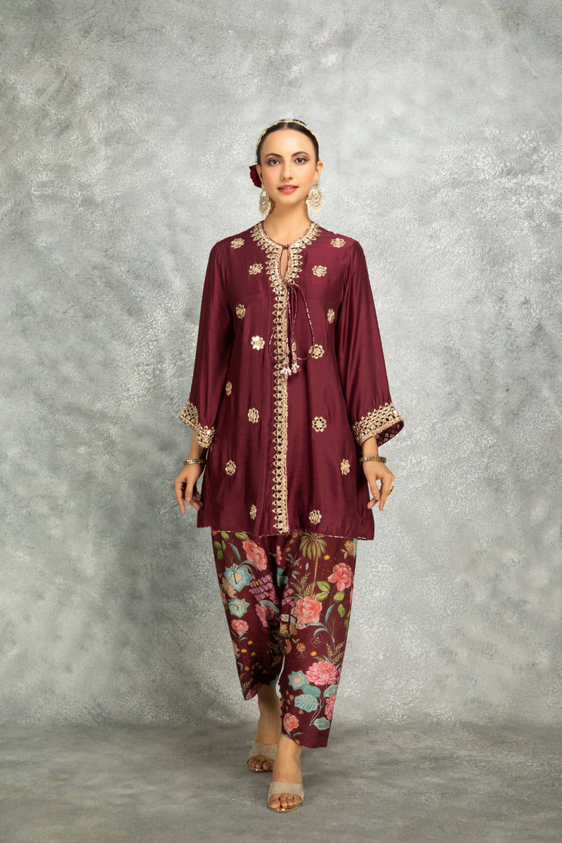 Wine Mirror Embroidered Angrakha With Printed Pants & Dupatta Set Of 3