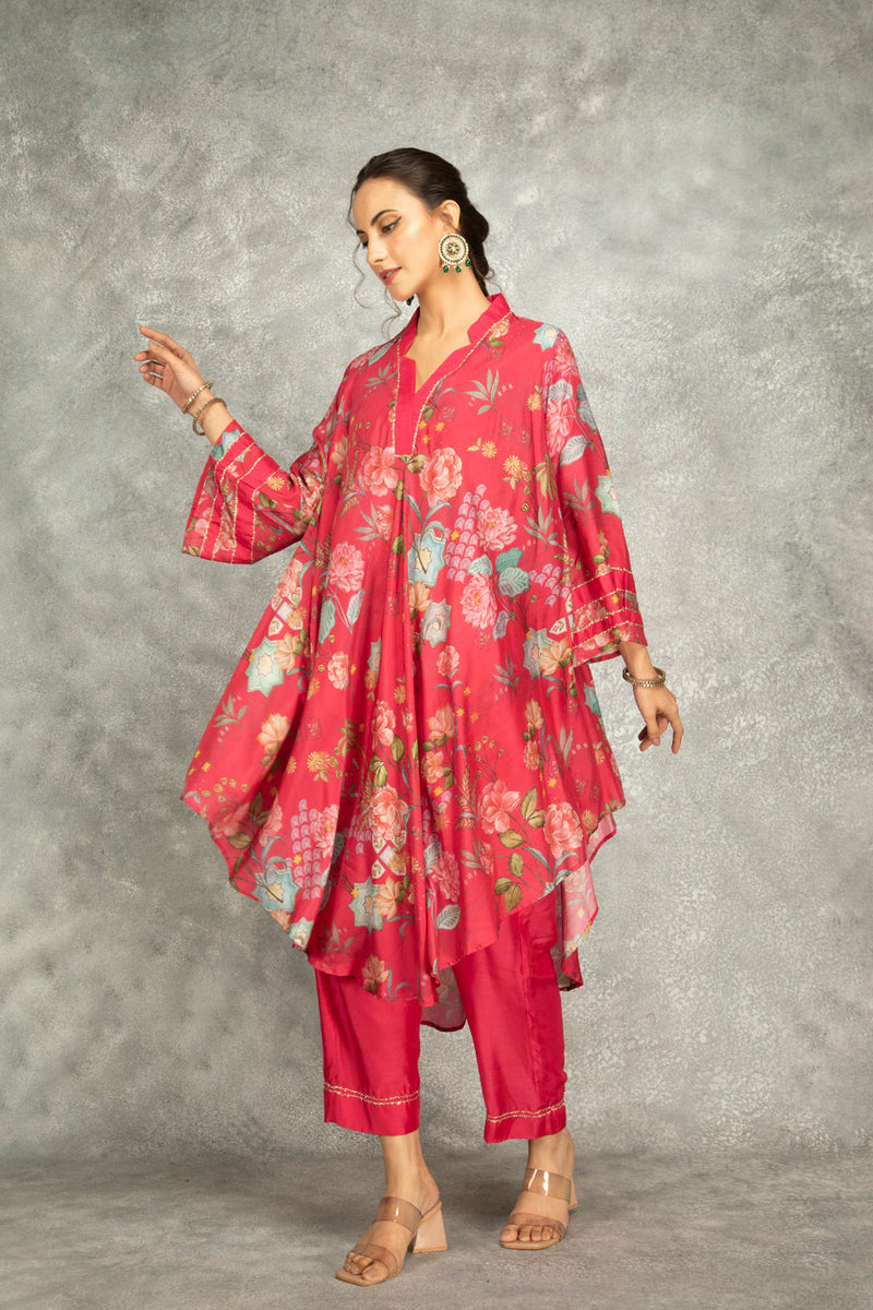 Hot Pink Printed High Low Kurta With Solid Pants