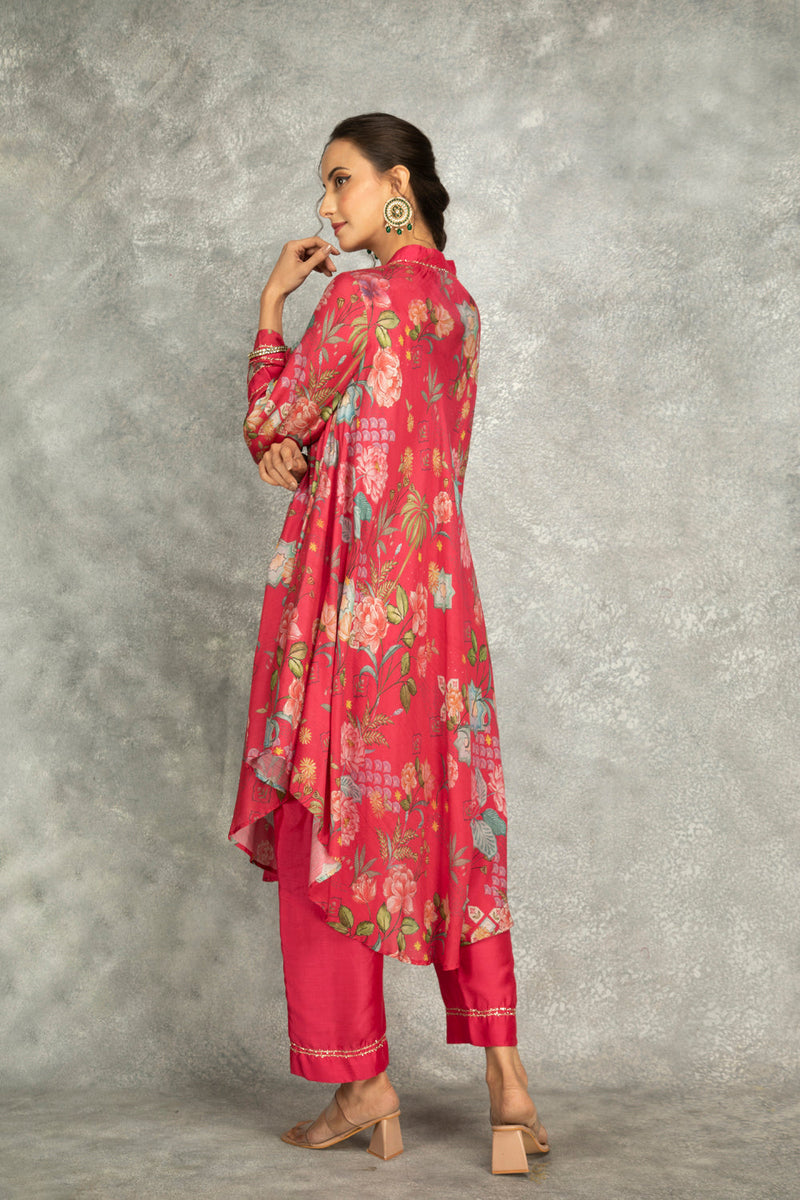 Hot Pink Printed High Low Kurta With Solid Pants
