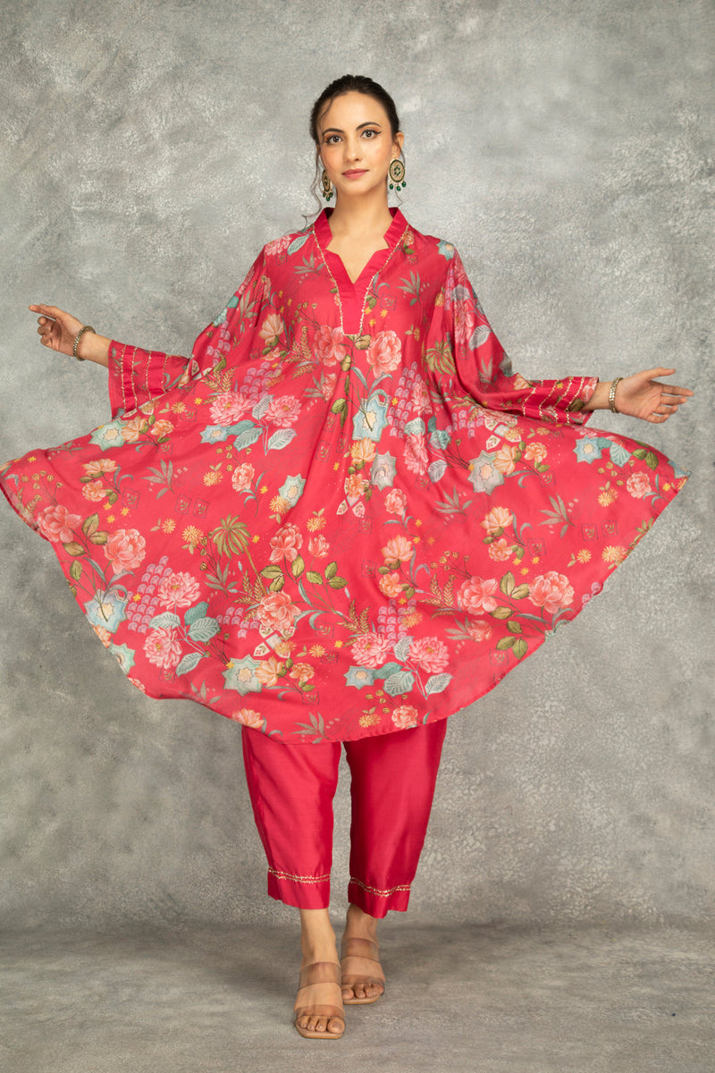 Hot Pink Printed High Low Kurta With Solid Pants