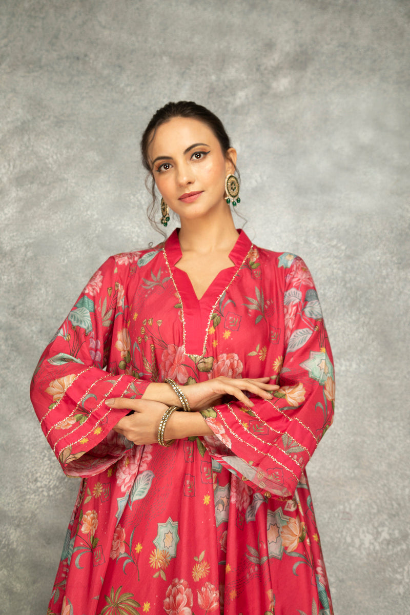Hot Pink Printed High Low Kurta With Solid Pants