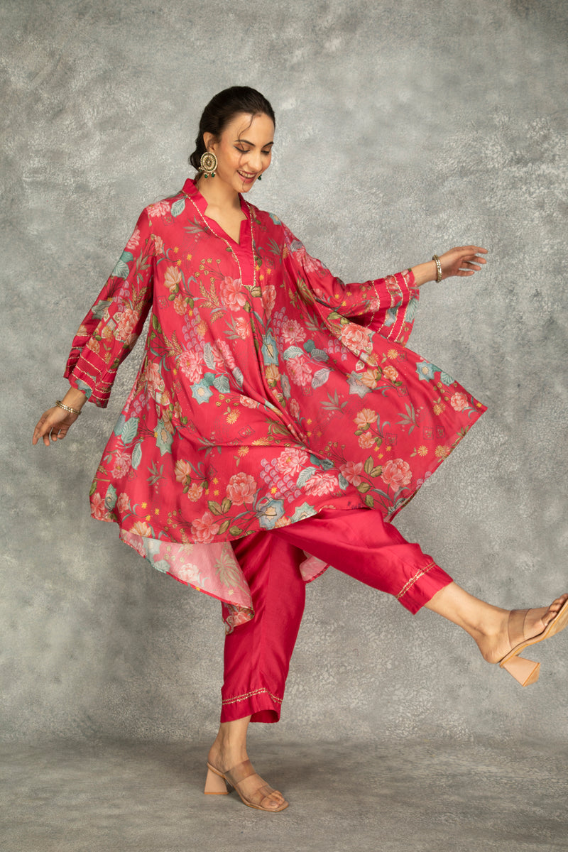 Hot Pink Printed High Low Kurta With Solid Pants