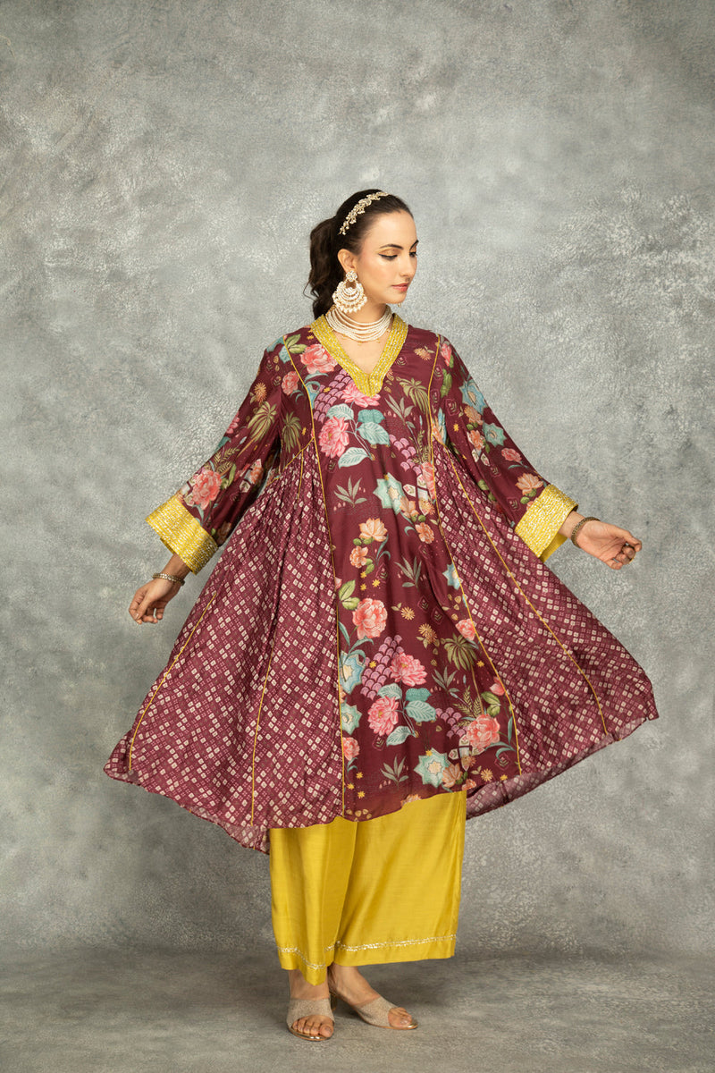 Old Wine Side Panel Buti Kurta With Scalloping Dupatta