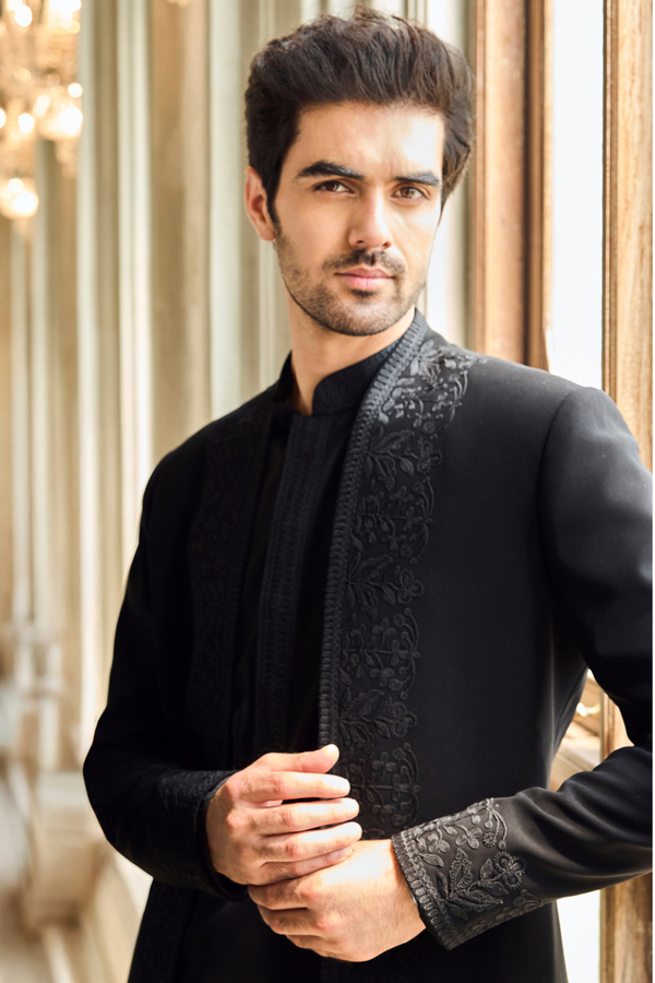 Black Thread Work Open Jacket Set