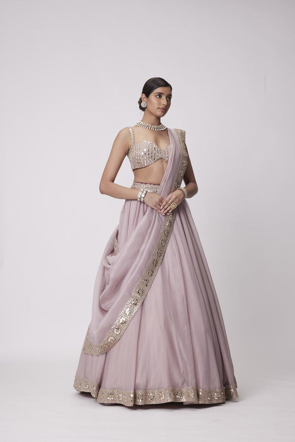 Ash Pink Mirror Hand Embroidered Lehenga Set