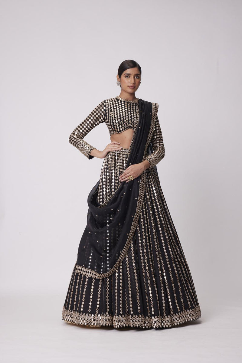 Black Linear Mirror Embroidered Organza Lehenga Set