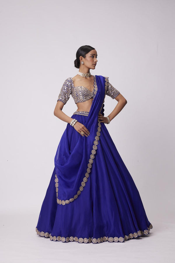 Persian Blue Organza Hand Embroidered Lehenga Set