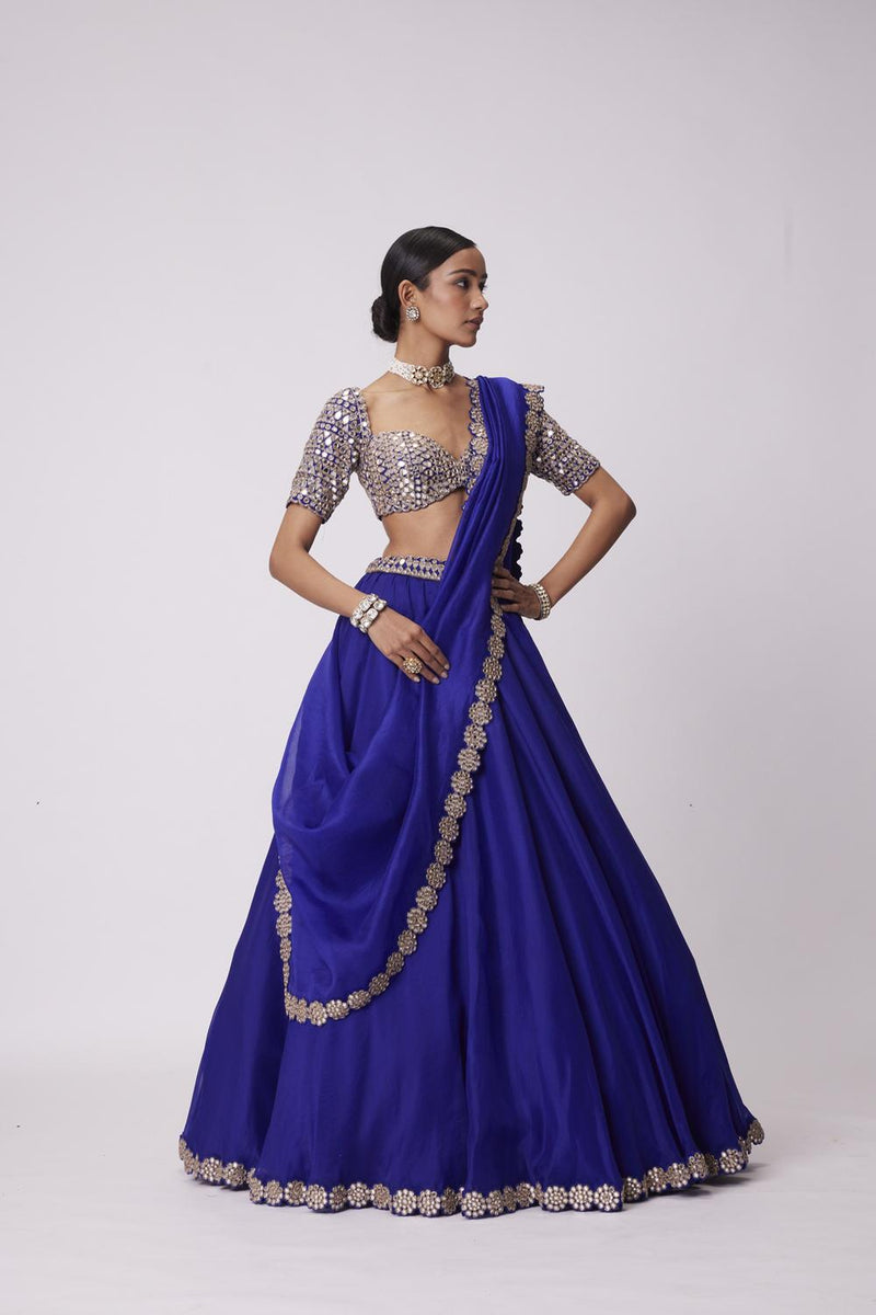 Persian Blue Organza Hand Embroidered Lehenga Set