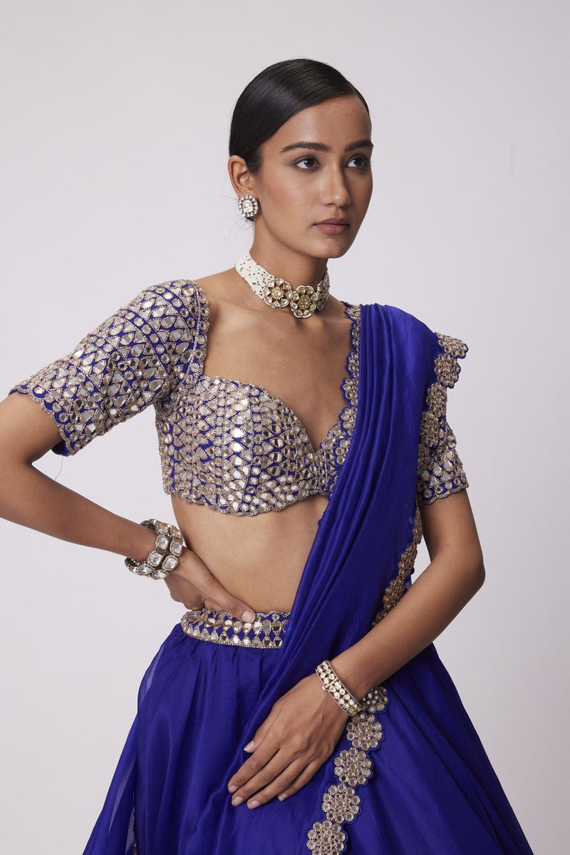 Persian Blue Organza Hand Embroidered Lehenga Set