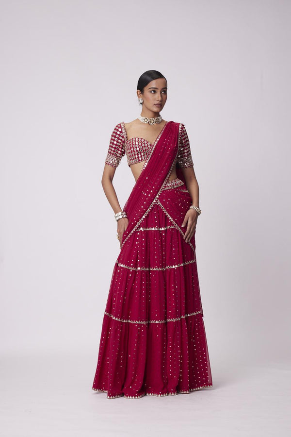 Crimson Red Multi- Tier Saree Set