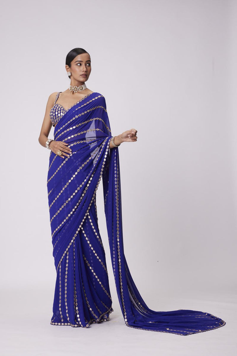 Persian Blue Linear Embroidery Georgette Saree Set