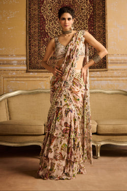 Green Print & Embroidered Tiered Skirt Saree Set