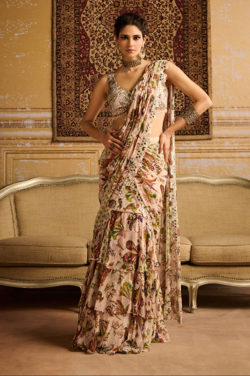 Green Print & Embroidered Tiered Skirt Saree Set