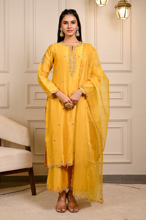 Yellow Hand Embroidered Straight Kurta with Pant & Dupatta Set