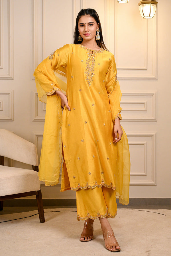 Yellow Hand Embroidered Straight Kurta with Pant & Dupatta Set