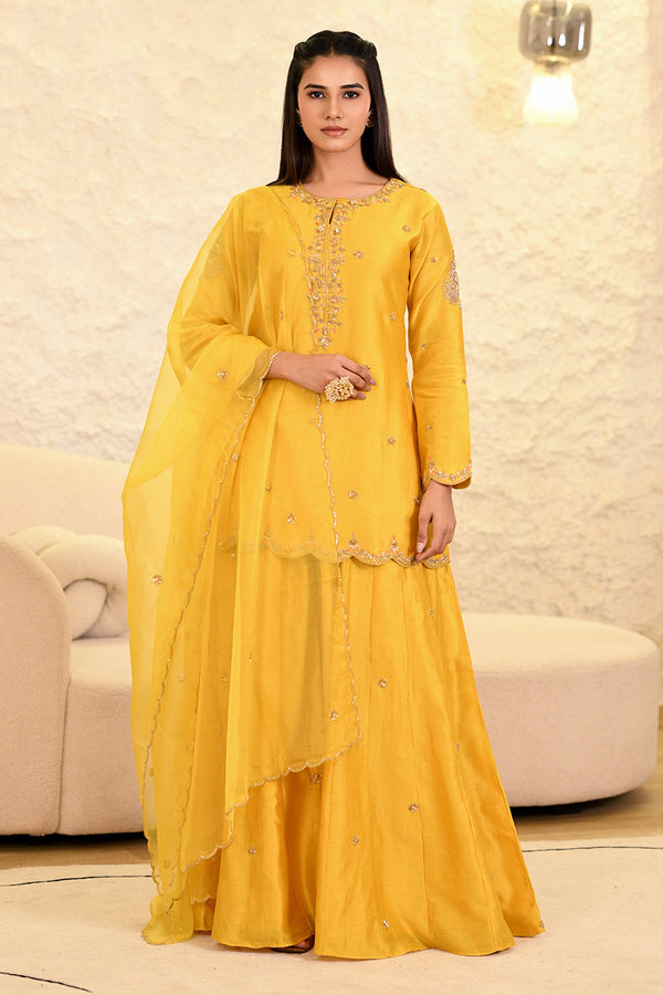 Yellow Sharara Hand Embroidered Short Kurta with Dupatta Set