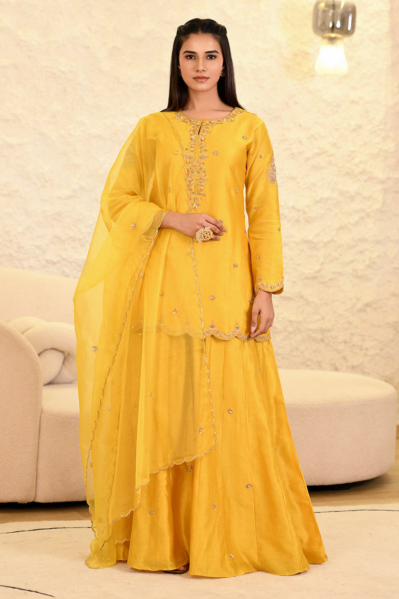 Yellow Sharara Hand Embroidered Short Kurta with Dupatta Set