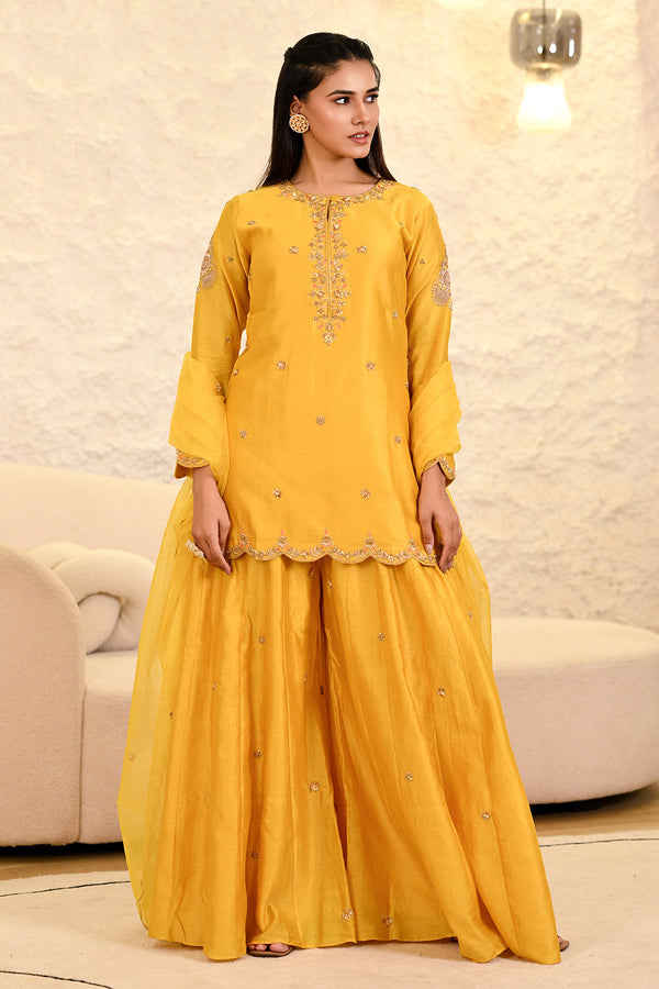 Yellow Sharara Hand Embroidered Short Kurta with Dupatta Set