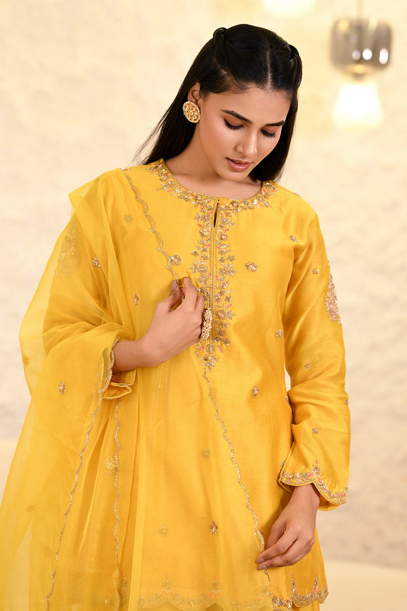Yellow Sharara Hand Embroidered Short Kurta with Dupatta Set