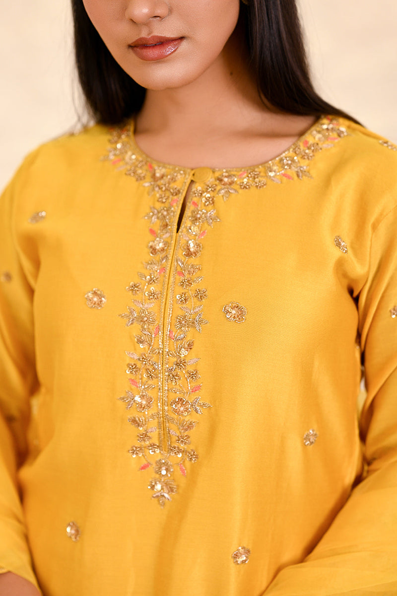 Yellow Sharara Hand Embroidered Short Kurta with Dupatta Set