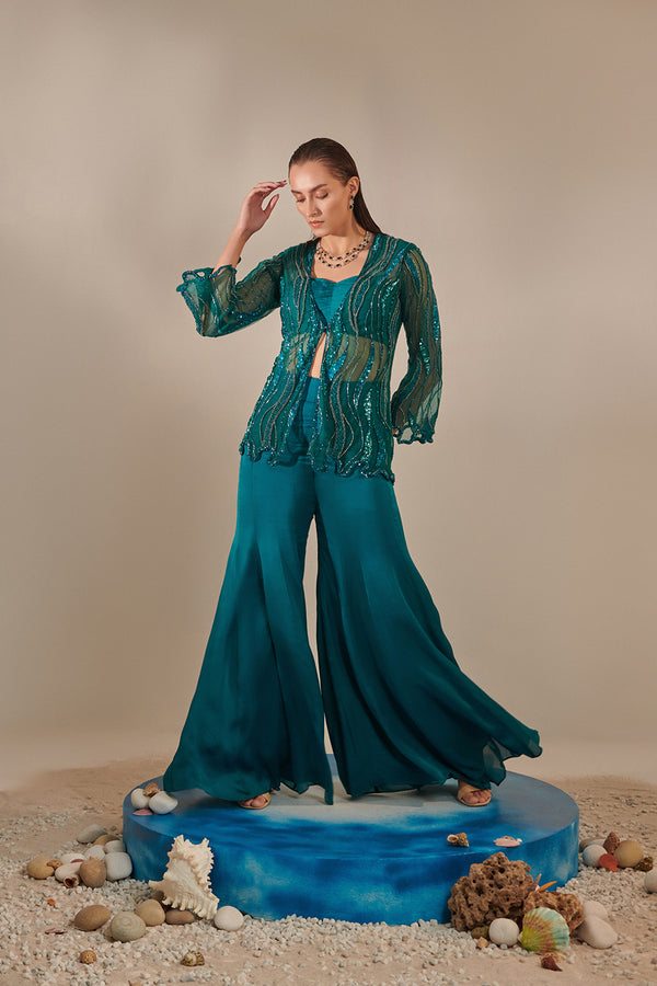 Teal Cutwork Tulle Jacket , Kalidar Sharara, Ruched Bustier