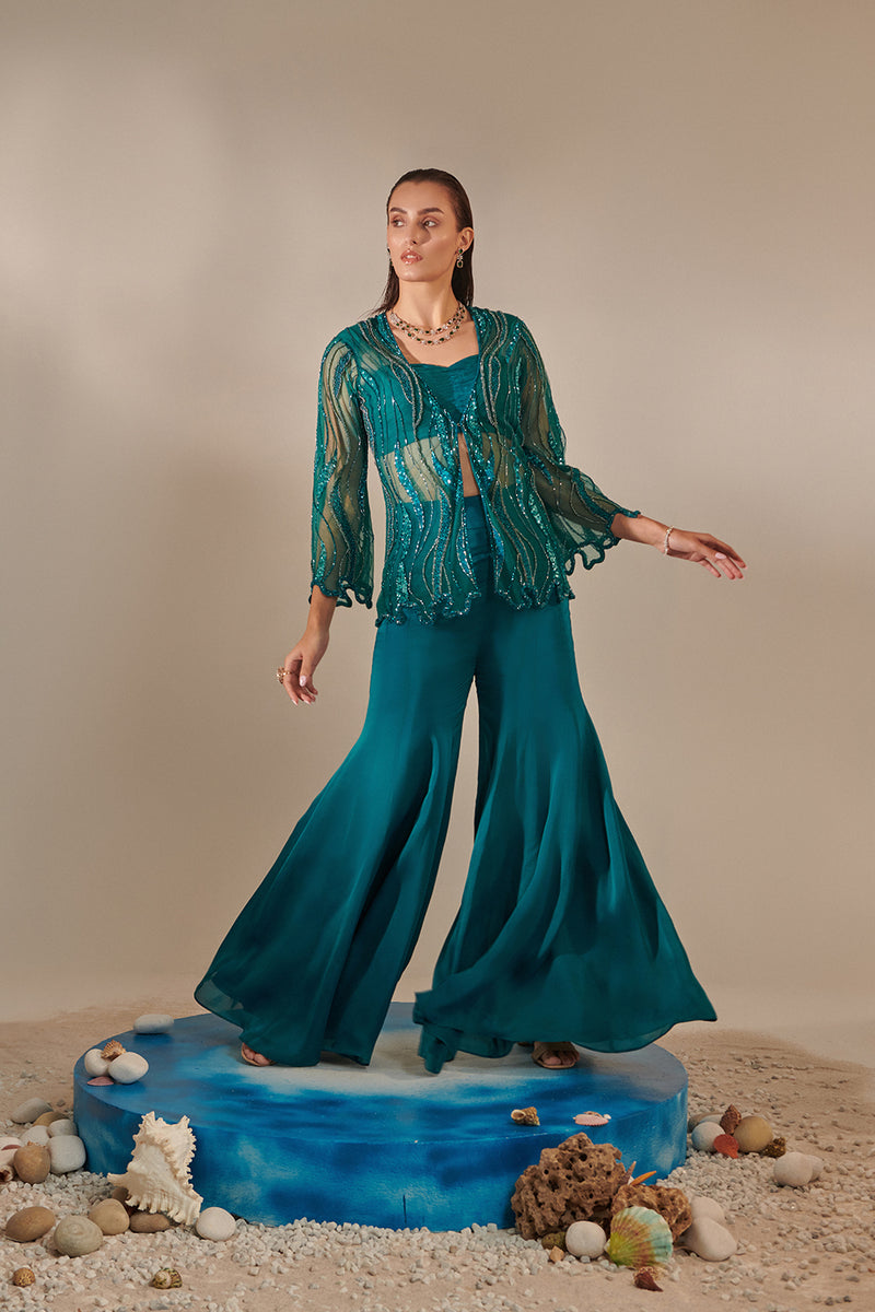 Teal Cutwork Tulle Jacket , Kalidar Sharara, Ruched Bustier