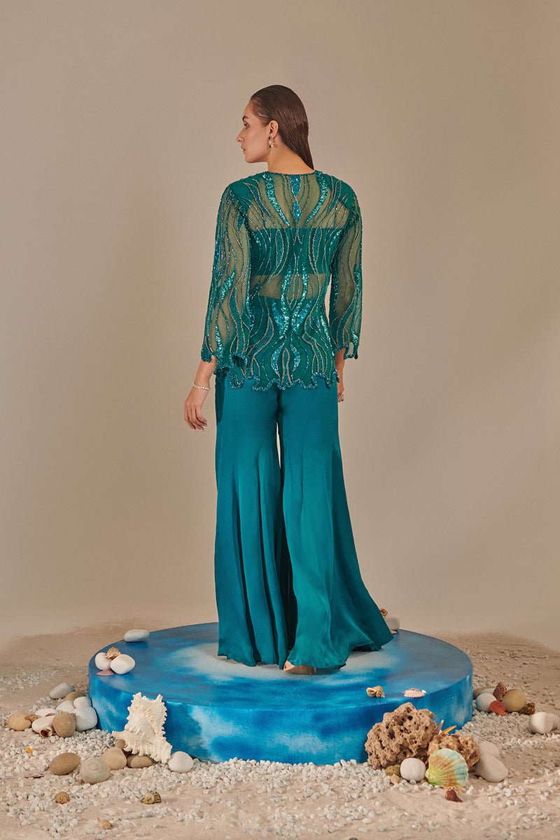 Teal Cutwork Tulle Jacket , Kalidar Sharara, Ruched Bustier