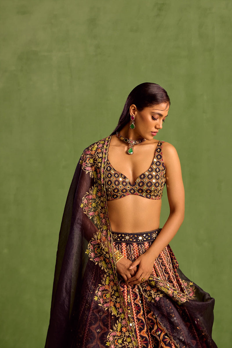 Black Viscose Raw Silk Embellished Bead Geometric Printed Lehenga Set