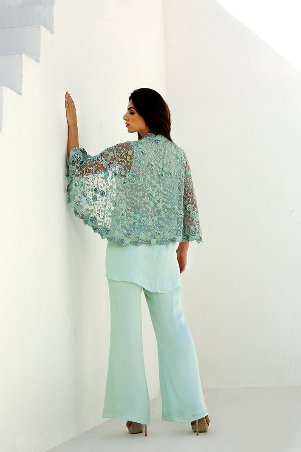 Celeste - Embroidered Cape Shirt Pant Set
