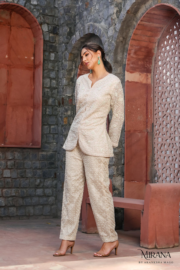 Dione - Ivory Jacket  With Pant  Cord  Set