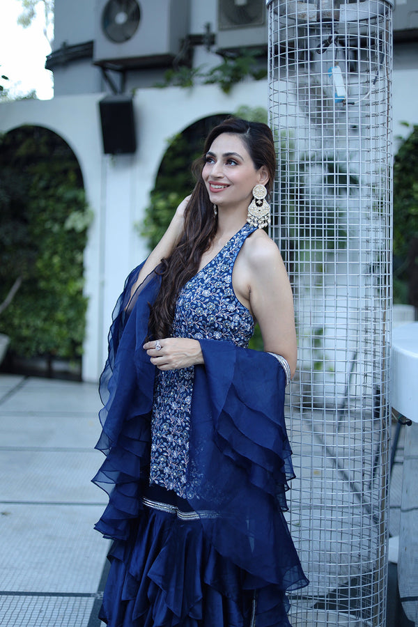 Tahira - Halter Style Kurta With Layered Sharara Pants