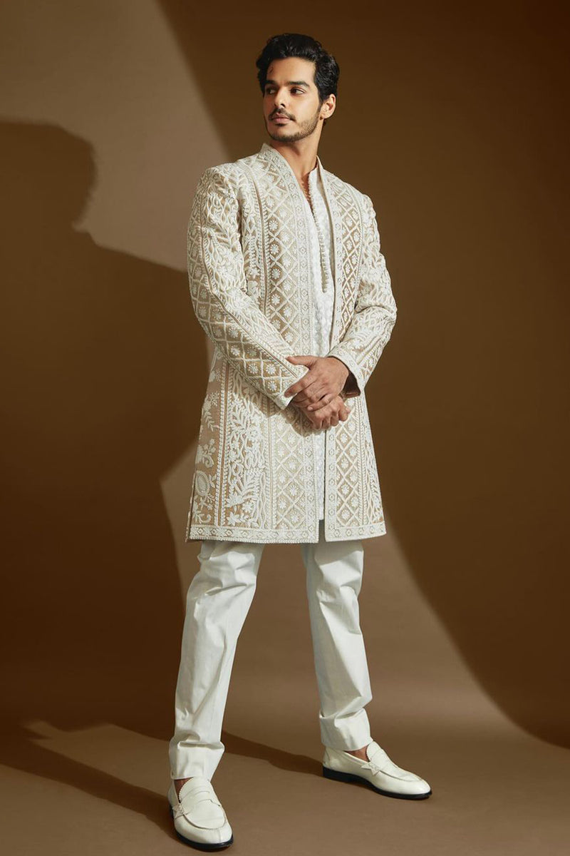 Ishaan Khatter in Nude Cream Open Sherwani Set