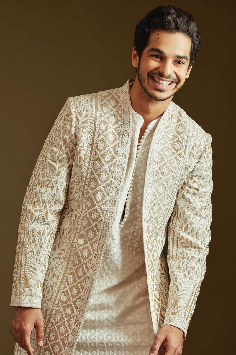 Ishaan Khatter in Nude Cream Open Sherwani Set