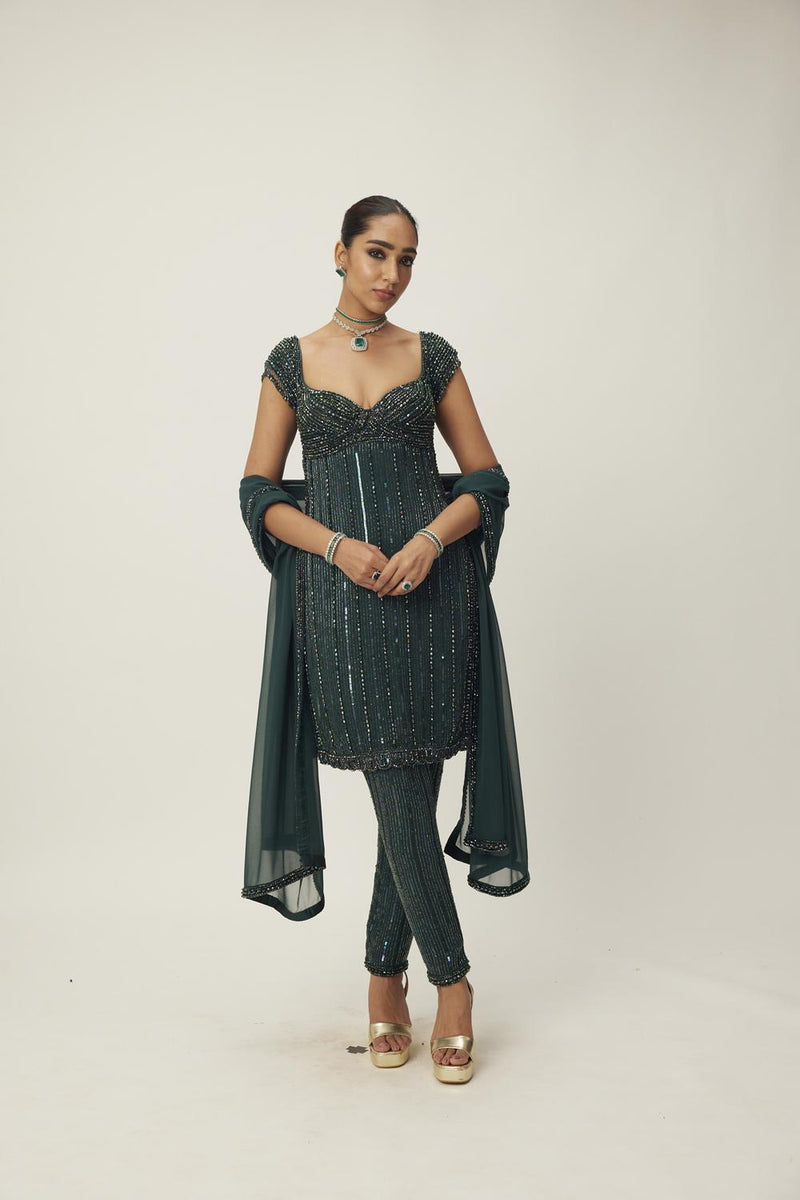 Dark Jade Green Crystal Embellished Kurta Set