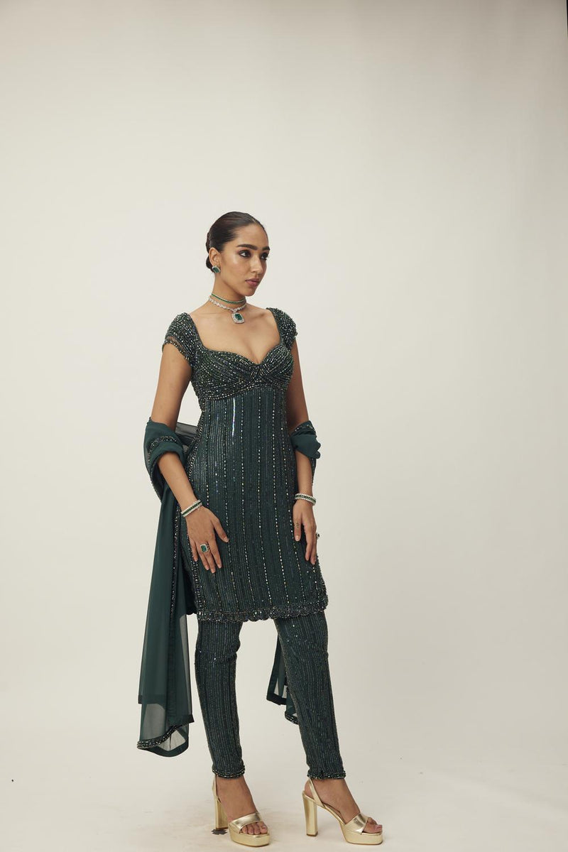 Dark Jade Green Crystal Embellished Kurta Set
