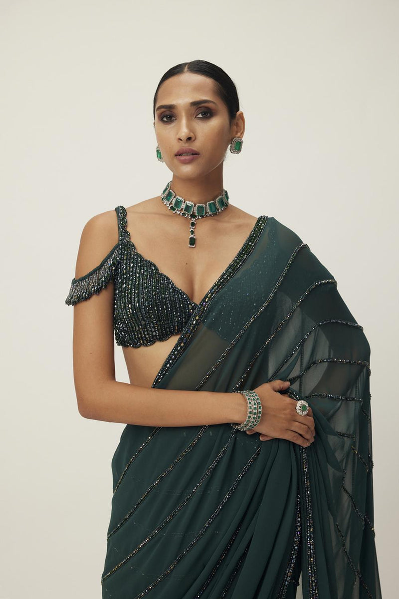Dark Jade Green Crystal Linear Embroidered Saree