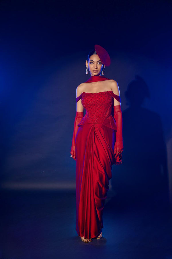Red Crystal Corset Saree