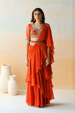 Fire Rust Pre-Draped Ruffle Saree Set