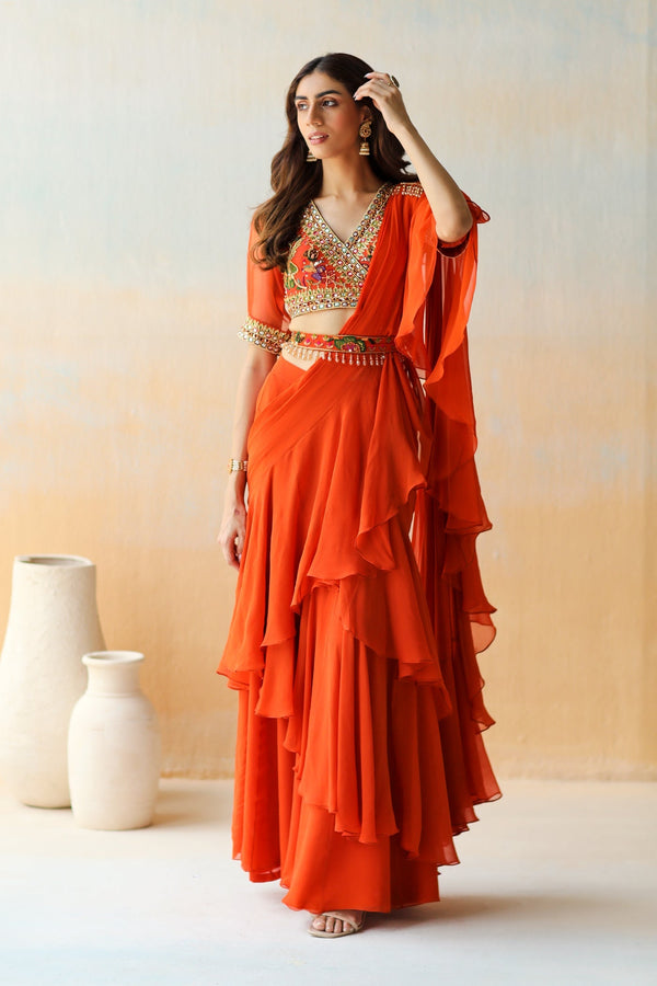 Fire Rust Pre-Draped Ruffle Saree Set