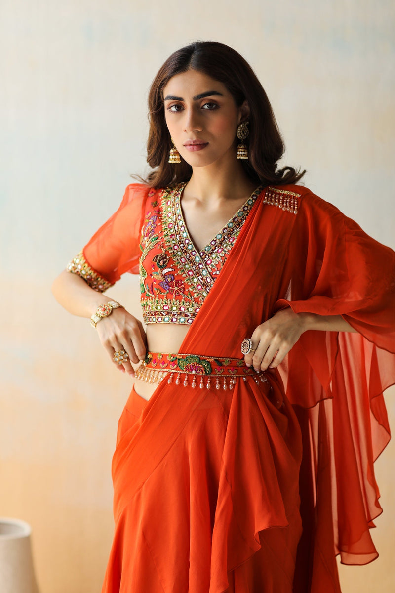 Fire Rust Pre-Draped Ruffle Saree Set