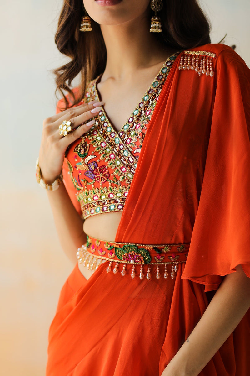 Fire Rust Pre-Draped Ruffle Saree Set