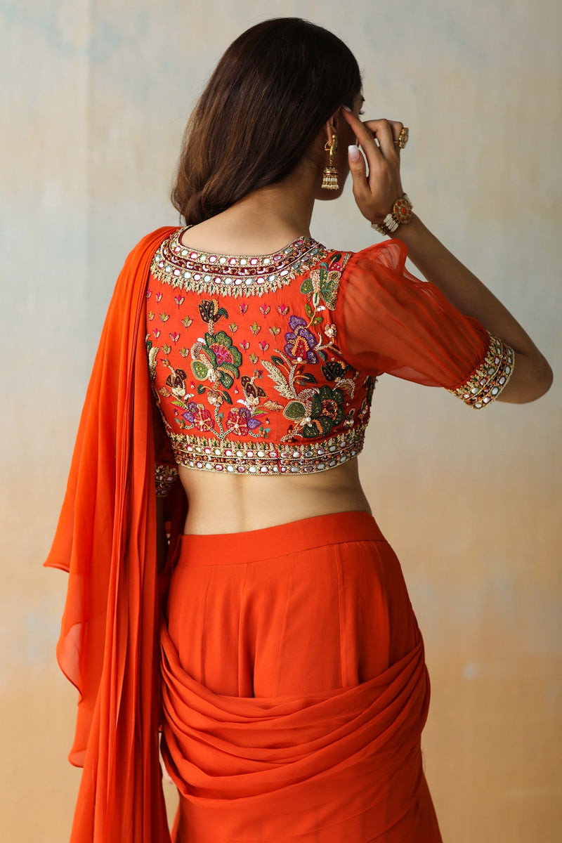 Fire Rust Pre-Draped Ruffle Saree Set