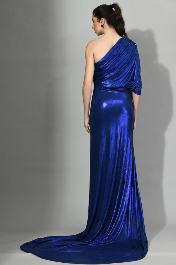 Blue Side Of The Stars - Long Tail Draped Gown With Minimalistic Embroidery