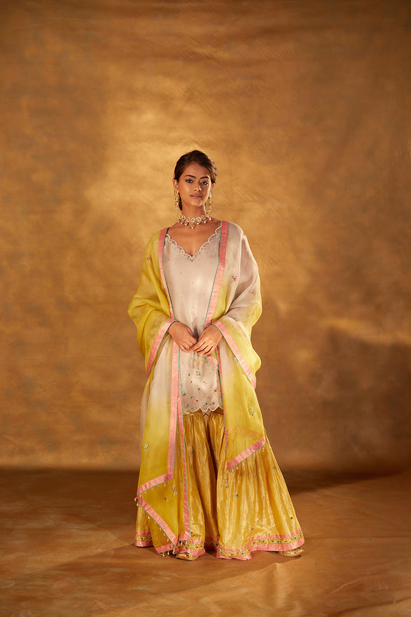 Embroidered Organza Kurta,Tissue Gharara  & Organza Dupatta